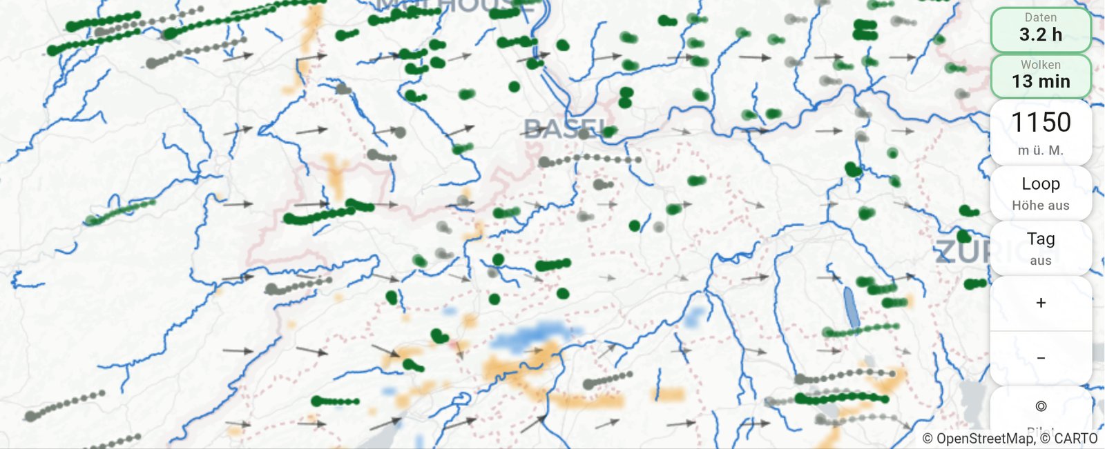 Wide map of the Jura and Swiss plateau showing thermal trajectories in green and grey
