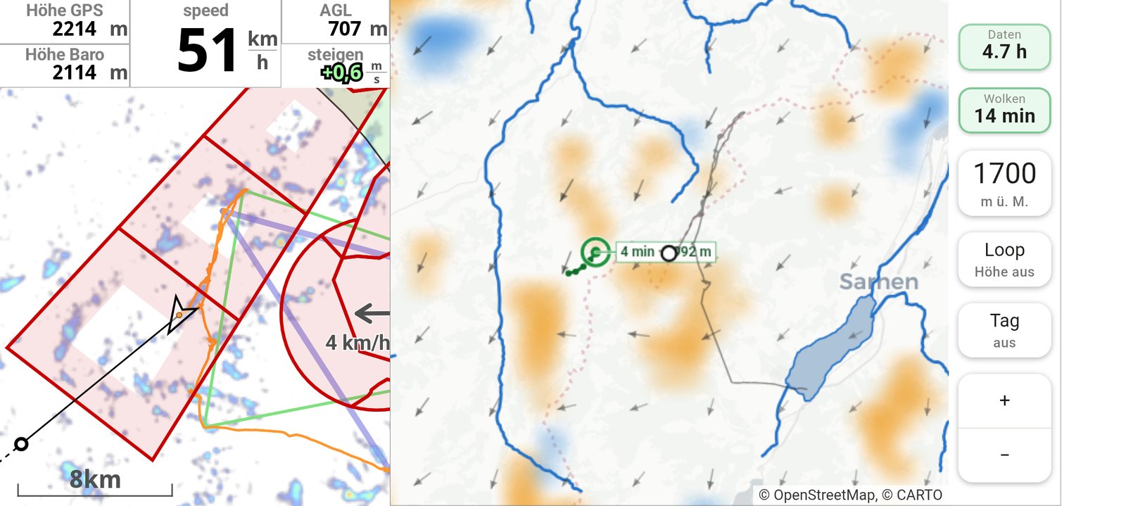 Screenshot taken in flight: instrument readouts, an airspace map with the track, and a wind-field map with a cloud, its assigned trajectory and an arrival estimate